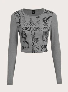 SHEIN EZwear 人物和字母圖案短款T恤 - 灰色 - 查看 1