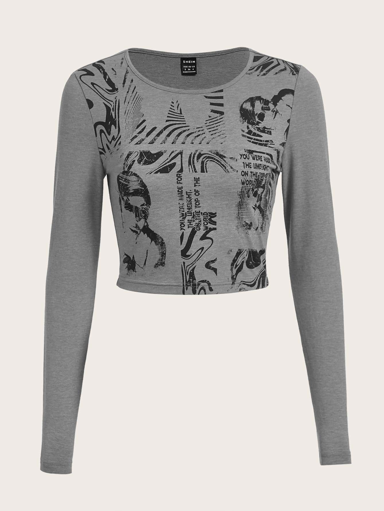 SHEIN EZwear 人物和字母圖案短款T恤 - 灰色 - 查看 1