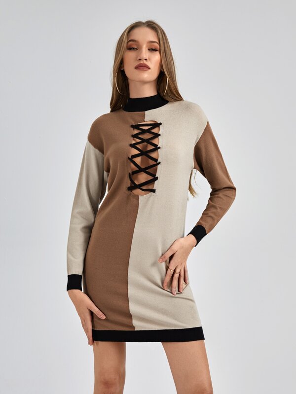 AMARABLACK Vestido de suéter de bloqueo de color con cordones delanteros de diseñador, ropa de mujer para otoño e invierno