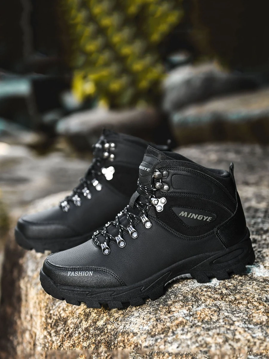 Men Letter Patch Decor Giày bốt đi bộ PU phía trước có dây buộc cho ngoài trời - màu đen - Xem 1