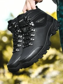 Men Letter Patch Decor Giày bốt đi bộ PU phía trước có dây buộc cho ngoài trời - màu đen - Xem 2