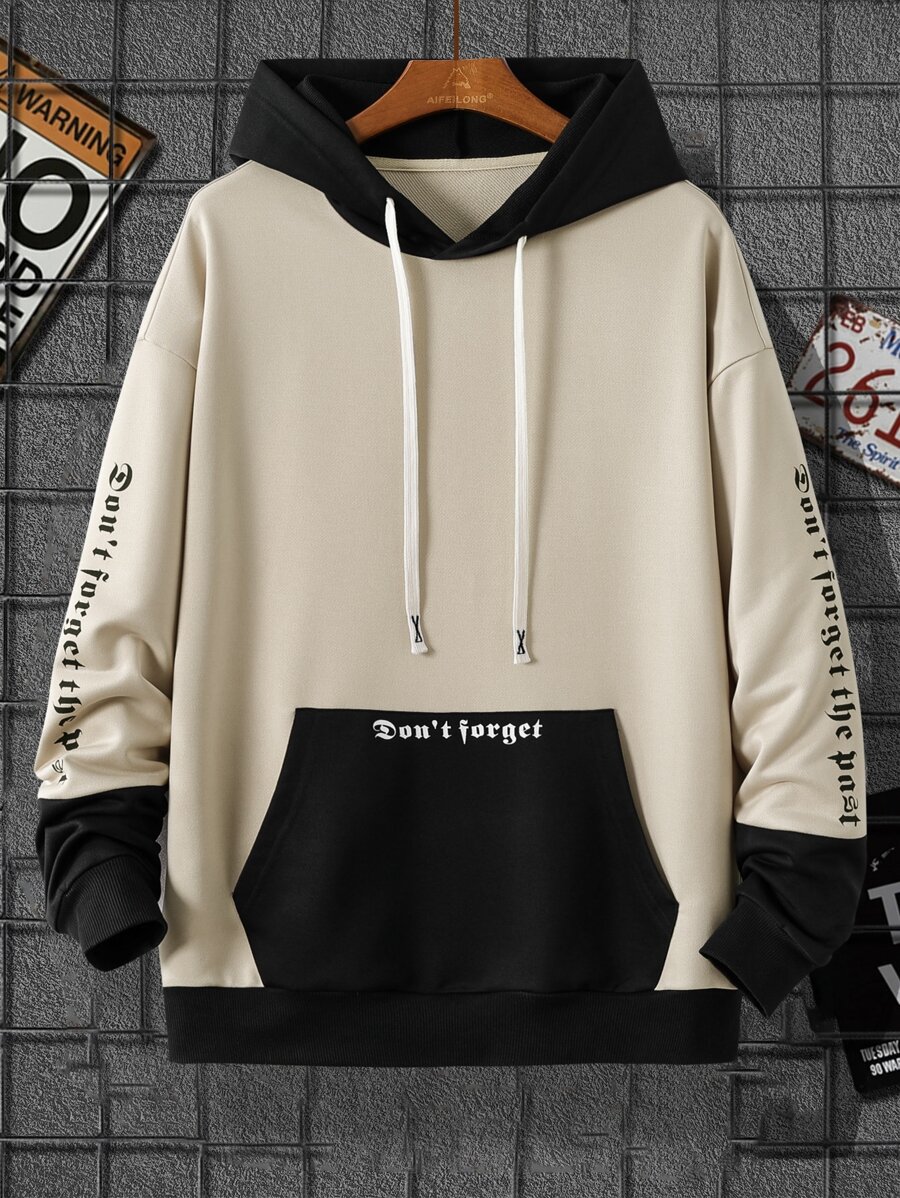 Manfinity Men Slogan Graphic Colourblock Drop Shoulder Drawstring Hoodie - Multicolor - View 1