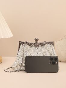 Glitter Bling,Shiny Glamorous,Elegant Sequin & Faux Pearl Decor Chain Evening Bag Dinner Bag For Party Girl,Woman,For Female Perfect for Party,Wedding,Prom,Dinner/Banquet,For Cocktail Best gift for women - Silver - View 3