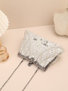Glitter Bling,Shiny Glamorous,Elegant Sequin & Faux Pearl Decor Chain Evening Bag Dinner Bag For Party Girl,Woman,For Female Perfect for Party,Wedding,Prom,Dinner/Banquet,For Cocktail Best gift for women - Silver - View 6