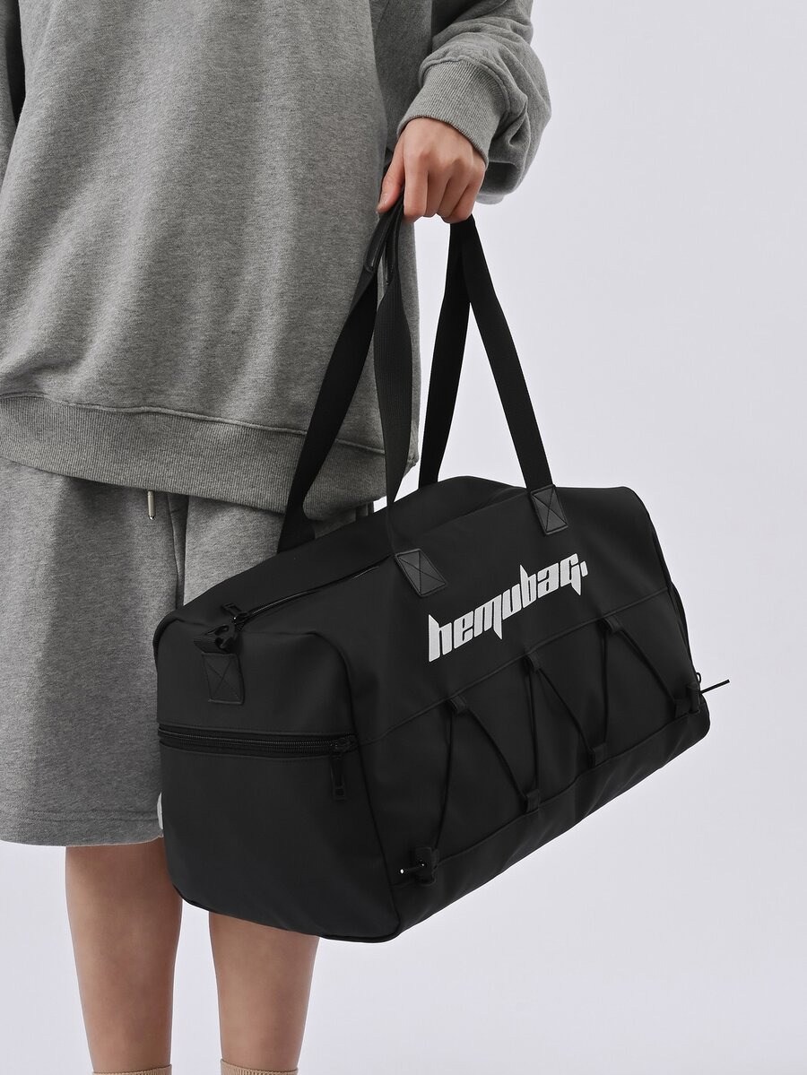 Men Letter Graphic Drawstring Detail Duffel Bag - Black - View 1