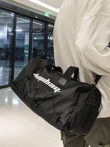 Men Letter Graphic Drawstring Detail Duffel Bag - Black - View 6