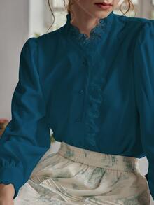 Simple Retro Contrast Guipure Lace Puff Sleeve Blouse - Teal Blue - View 4