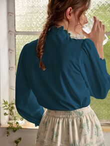 Simple Retro Contrast Guipure Lace Puff Sleeve Blouse - Teal Blue - View 3