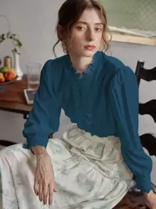 Simple Retro Contrast Guipure Lace Puff Sleeve Blouse - Teal Blue - View 2