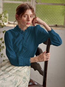 Simple Retro Contrast Guipure Lace Puff Sleeve Blouse - Teal Blue - View 6