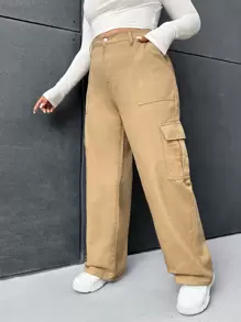 SHEIN EZwear Plus High Waist Flap Pocket Cargo Jeans - Khaki - View 1