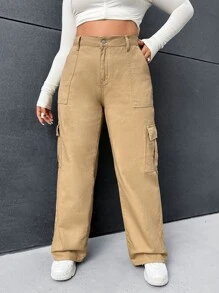SHEIN EZwear Plus High Waist Flap Pocket Cargo Jeans - Khaki - View 3