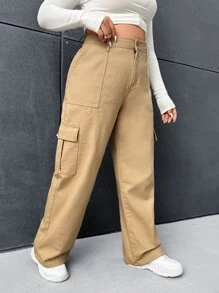 SHEIN EZwear Plus High Waist Flap Pocket Cargo Jeans - Khaki - View 4