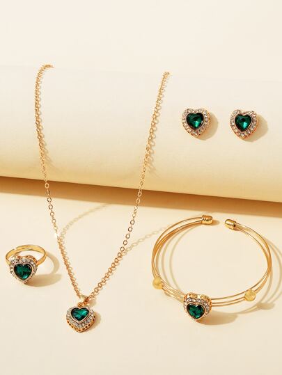 1 Set Fashionable Charming Jewelry Set, Including 1 Pair Heart-Shaped Crystal Earrings, 1 Necklace, 1 Bracelet, And 1 Ring, Suitable For Daily Wear, Great Gift For Friends On Holidays And Birthdays