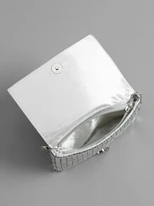 閃閃發光，閃亮迷人，優雅，精緻迷你水鑽裝飾翻蓋鏈方形包晚宴包，適合派對女孩，女士，女性完美適合派對，婚禮，舞會，晚餐/宴會，雞尾酒 送給女士的最佳禮物 - 銀色 - 查看 3