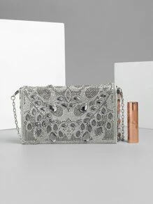 閃閃發光，閃亮迷人，優雅，精緻迷你水鑽裝飾翻蓋鏈方形包晚宴包，適合派對女孩，女士，女性完美適合派對，婚禮，舞會，晚餐/宴會，雞尾酒 送給女士的最佳禮物 - 銀色 - 查看 4