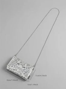 閃閃發光，閃亮迷人，優雅，精緻迷你水鑽裝飾翻蓋鏈方形包晚宴包，適合派對女孩，女士，女性完美適合派對，婚禮，舞會，晚餐/宴會，雞尾酒 送給女士的最佳禮物 - 銀色 - 查看 5