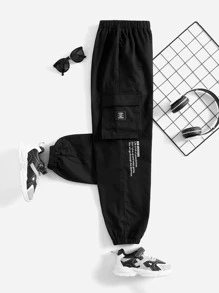 SHEIN 青少年男孩口號圖形翻蓋口袋工裝褲