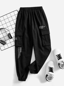 SHEIN 青少年男孩口號圖形翻蓋口袋工裝褲