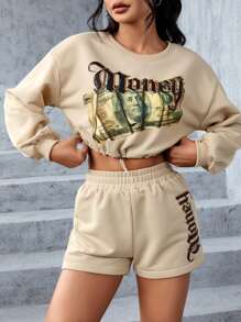 SHEIN PETITE Dollar & Letter Graphic Drop Shoulder Drawstring Hem Crop Sweatshirt & Shorts - Apricot - View 1