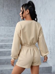 SHEIN PETITE Dollar & Letter Graphic Drop Shoulder Drawstring Hem Crop Sweatshirt & Shorts - Apricot - View 2