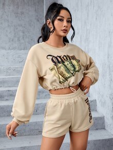 SHEIN PETITE Dollar & Letter Graphic Drop Shoulder Drawstring Hem Crop Sweatshirt & Shorts - Apricot - View 3