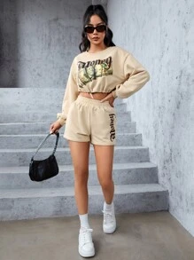 SHEIN PETITE Dollar & Letter Graphic Drop Shoulder Drawstring Hem Crop Sweatshirt & Shorts - Apricot - View 4