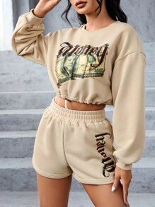 SHEIN PETITE Dollar & Letter Graphic Drop Shoulder Drawstring Hem Crop Sweatshirt & Shorts - Apricot - View 5