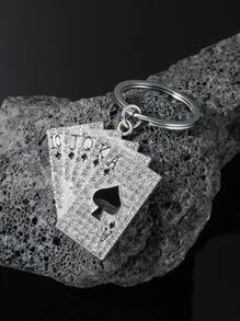 1 pieza Llavero personalizado de póker para hombres, llavero/colgante de moda de tarjeta de póker con strass, estilo europeo y americano para mochila/coche - Plateado - Ver 2