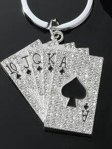 1 pieza Llavero personalizado de póker para hombres, llavero/colgante de moda de tarjeta de póker con strass, estilo europeo y americano para mochila/coche - Plateado - Ver 3