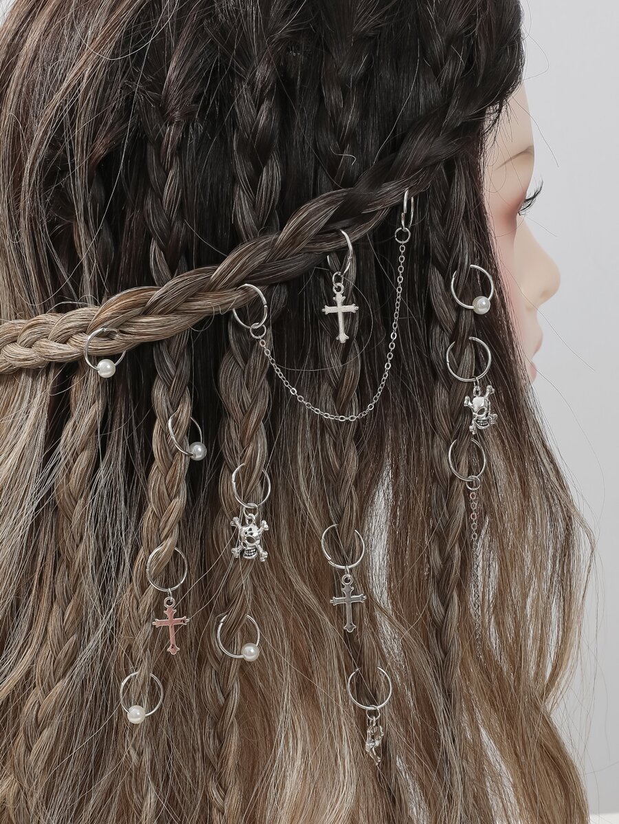 街頭13入組和骷髏裝飾髮圈 - 銀色 - 查看 1