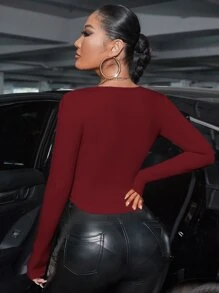 SHEIN SXY Áo thun nữ Bất đối xứng Dây kéo Gân đan màu trơn Giải trí - Màu Đỏ Sâu - Xem 2