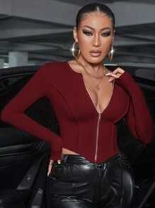 SHEIN SXY Áo thun nữ Bất đối xứng Dây kéo Gân đan màu trơn Giải trí - Màu Đỏ Sâu - Xem 3