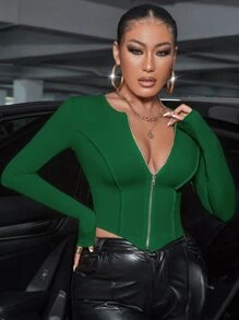 SHEIN SXY Áo thun nữ Bất đối xứng Dây kéo Gân đan màu trơn Giải trí - màu xanh lá - Xem 3