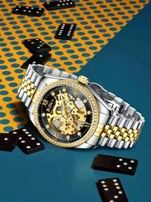 Reloj BIDEN para hombre, maquinaria automática, reloj de negocios, resistente al agua, correa de acero inoxidable, reloj hueco brillante para hombre, conjunto de corte de regalos - Multicolor - Ver 2