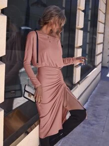 SHEIN Clasi Dolman Sleeve Drawstring Ruched Asymmetrical Hem Dress - Dusty Pink - View 3