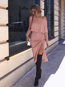 SHEIN Clasi Dolman Sleeve Drawstring Ruched Asymmetrical Hem Dress - Dusty Pink - View 4