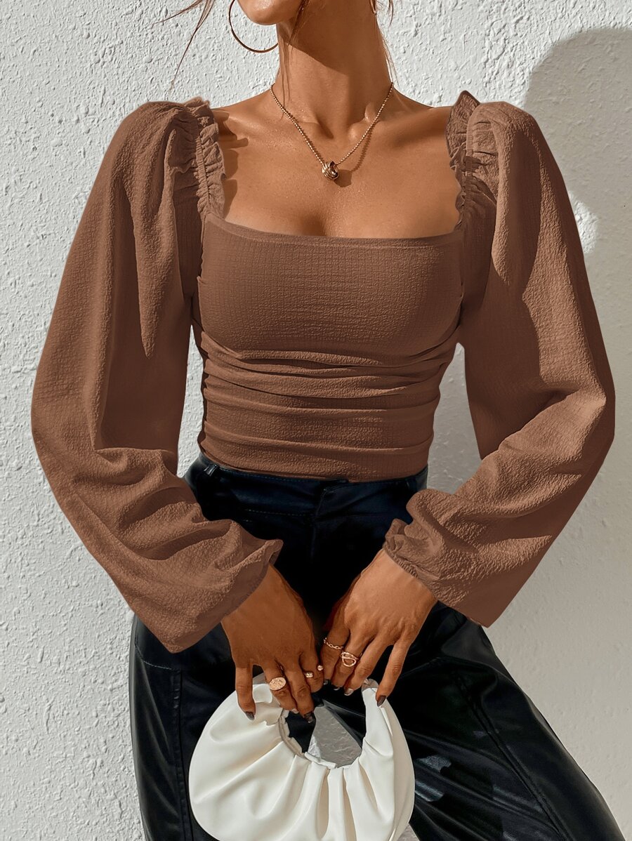 Firerie 方領主教袖奶妹上衣 - 棕色 - 查看 1