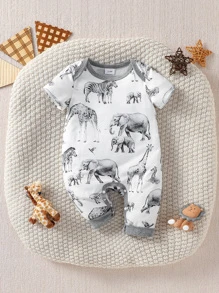 Baby Elephant & Zebra Print Contrast Binding Jumpsuit - White - View 1