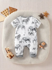 Baby Elephant & Zebra Print Contrast Binding Jumpsuit - White - View 2