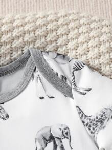 Baby Elephant & Zebra Print Contrast Binding Jumpsuit - White - View 3