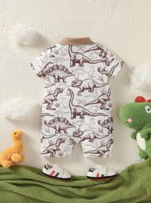 男嬰恐龍印花Polo領連身短褲 - 白色 - 查看 2