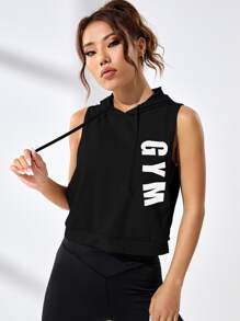 SHEIN Sports Letter Graphic Drawstring Sports Sweatshirt - Black - View 3