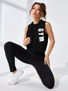 SHEIN Sports Letter Graphic Drawstring Sports Sweatshirt - Black - View 4