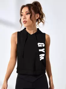 SHEIN Sports Letter Graphic Drawstring Sports Sweatshirt - Black - View 5