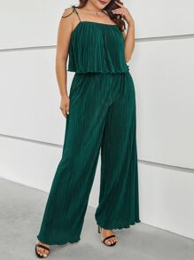 SHEIN Clasi Plus Tie Shoulder Pleated Cami Top & Wide Leg Trousers - Dark Green - View 3