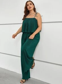 SHEIN Clasi Plus Tie Shoulder Pleated Cami Top & Wide Leg Trousers - Dark Green - View 4