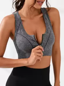 Zip Up Racer Back Sports Bra - Dark Grey - View 1
