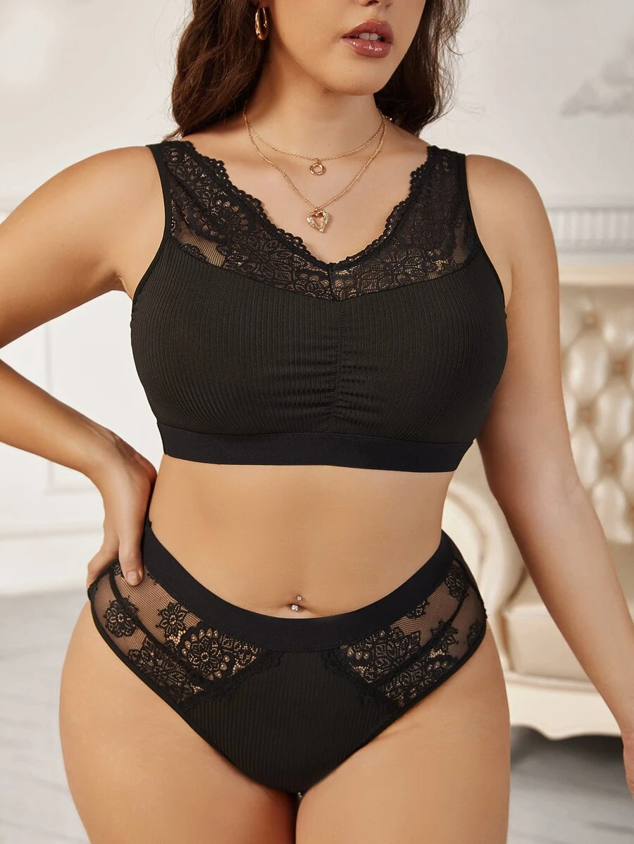 Plus Contrast Lace Ruched Lingerie Set - Black - View 1