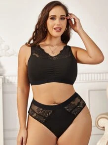 Plus Contrast Lace Ruched Lingerie Set - Black - View 4